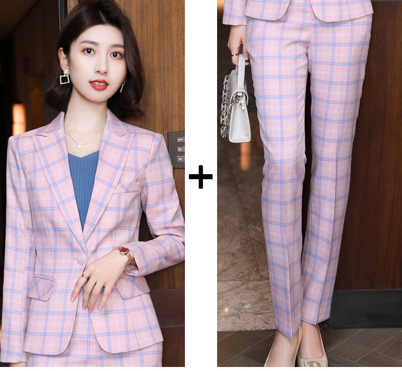 Professional Women's Long-Sleeve Plaid Business Pants Suit