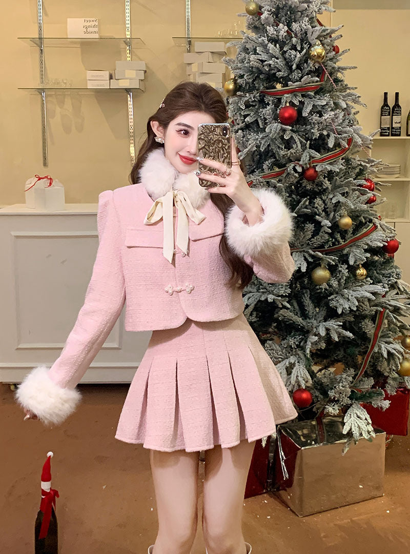 Ensemble tailleur jupe plissée taille haute et haut sans manches à col amovible en fourrure pour femme