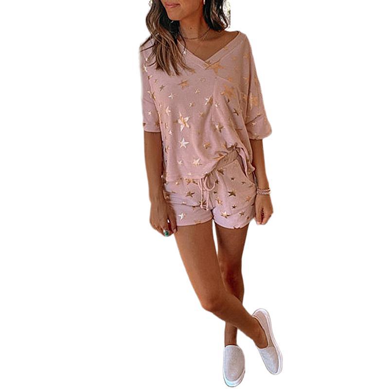 Ensemble de pyjama rose à manches courtes et imprimé étoile à cinq branches pour femme