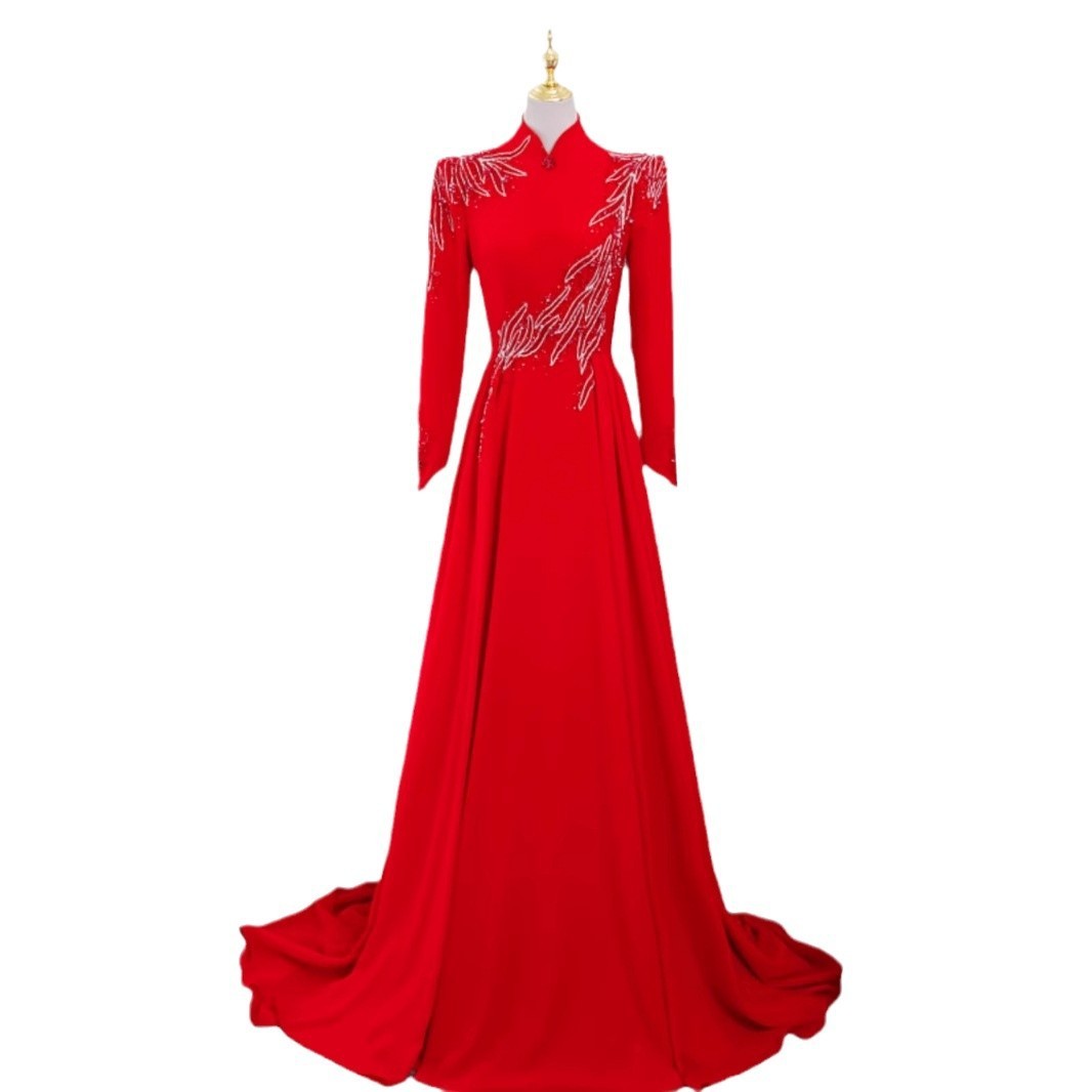 Robe de soirée longue rouge à manches longues pour femmes
