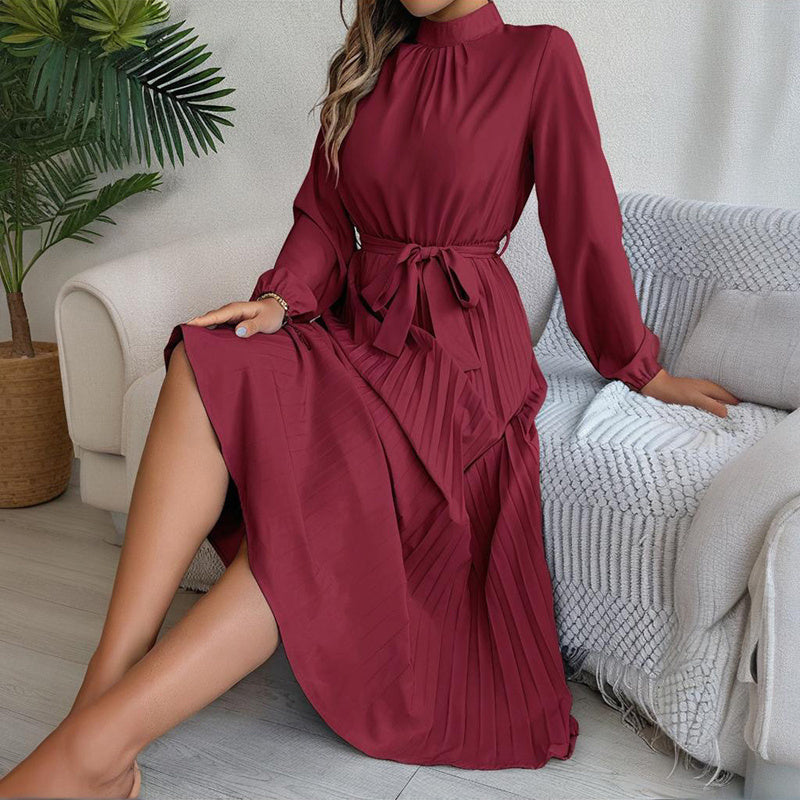 Elegant High Neck Long Sleeve Pleated Maxi Dress - Solid Color Flowy Dress For Women, Casual To Formal Wear