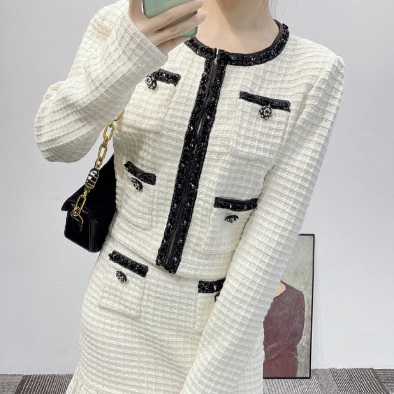 Winter Women's Two-Piece Knitted Cotton Top & Plaid Skirt Set