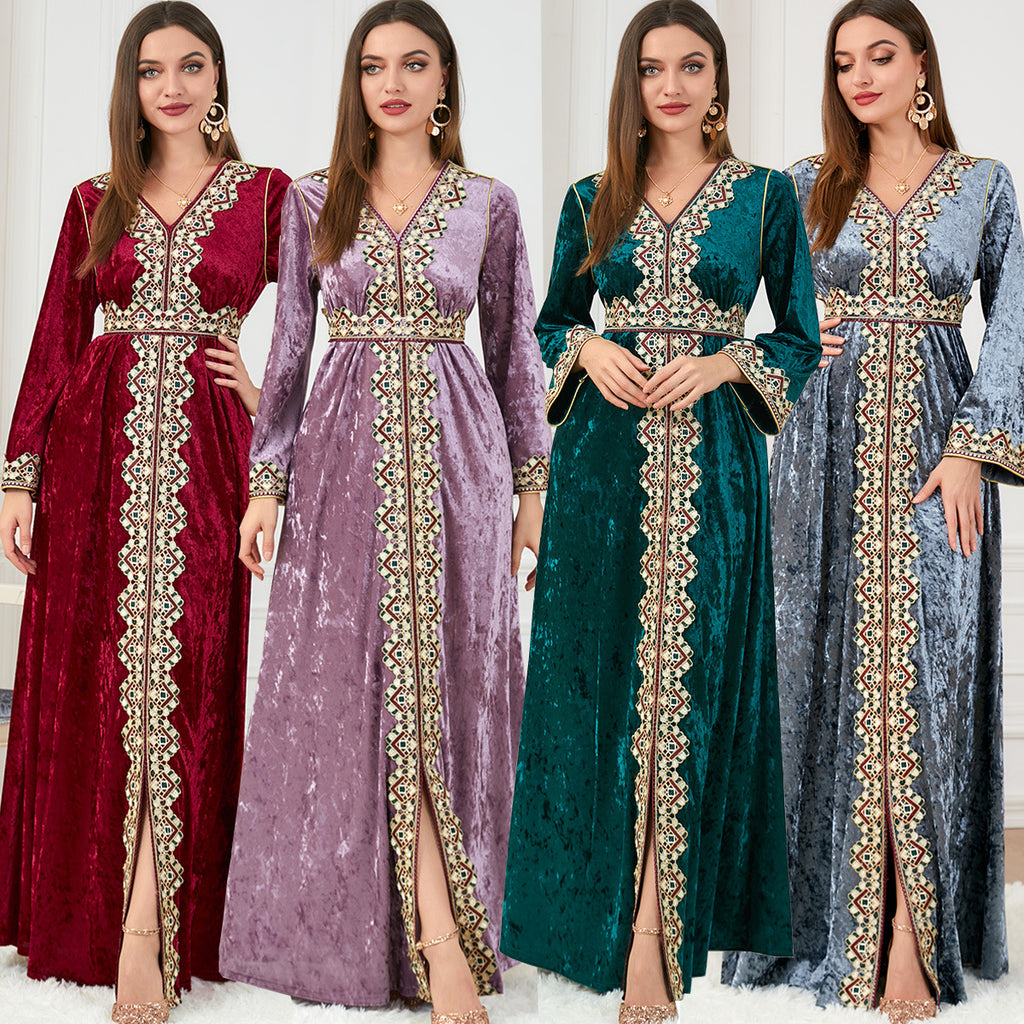 Robe en velours canari ample et ajustée à col en V et manches longues pour femme