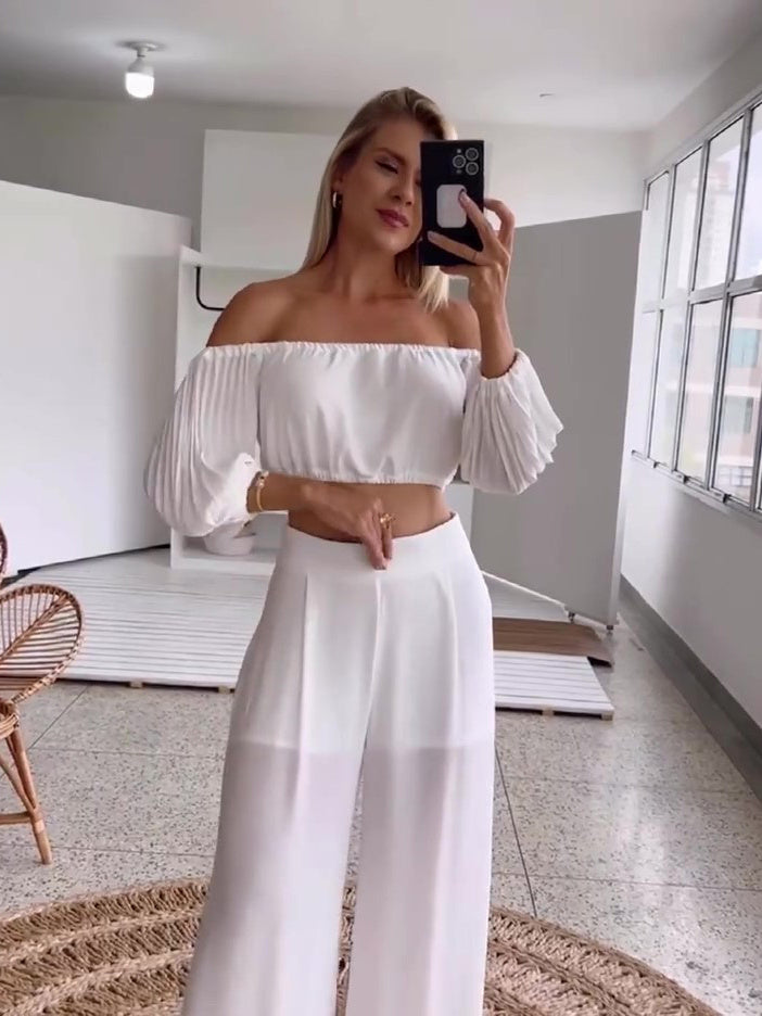 White One-shoulder Pleated Top & High-waisted Pants Set