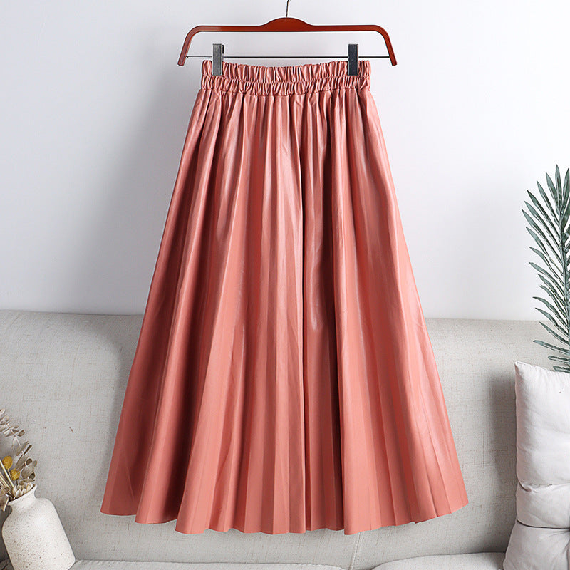 High Waist Mid-Length PU Leather Pleated Skirt for Women Solid Color
