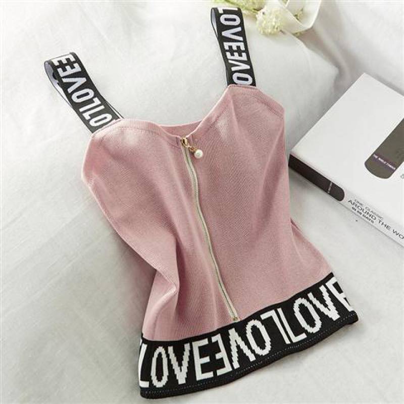 Petit Gilet Court en Tricot Halter à Fermeture Éclair Perle avec Lettre Anglaise