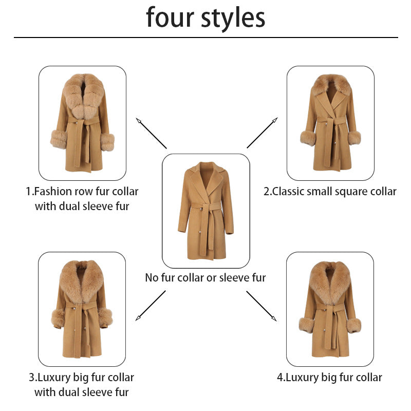 Double-Faced Wool Overcoat Long Slim Fit with Fox Fur Collar