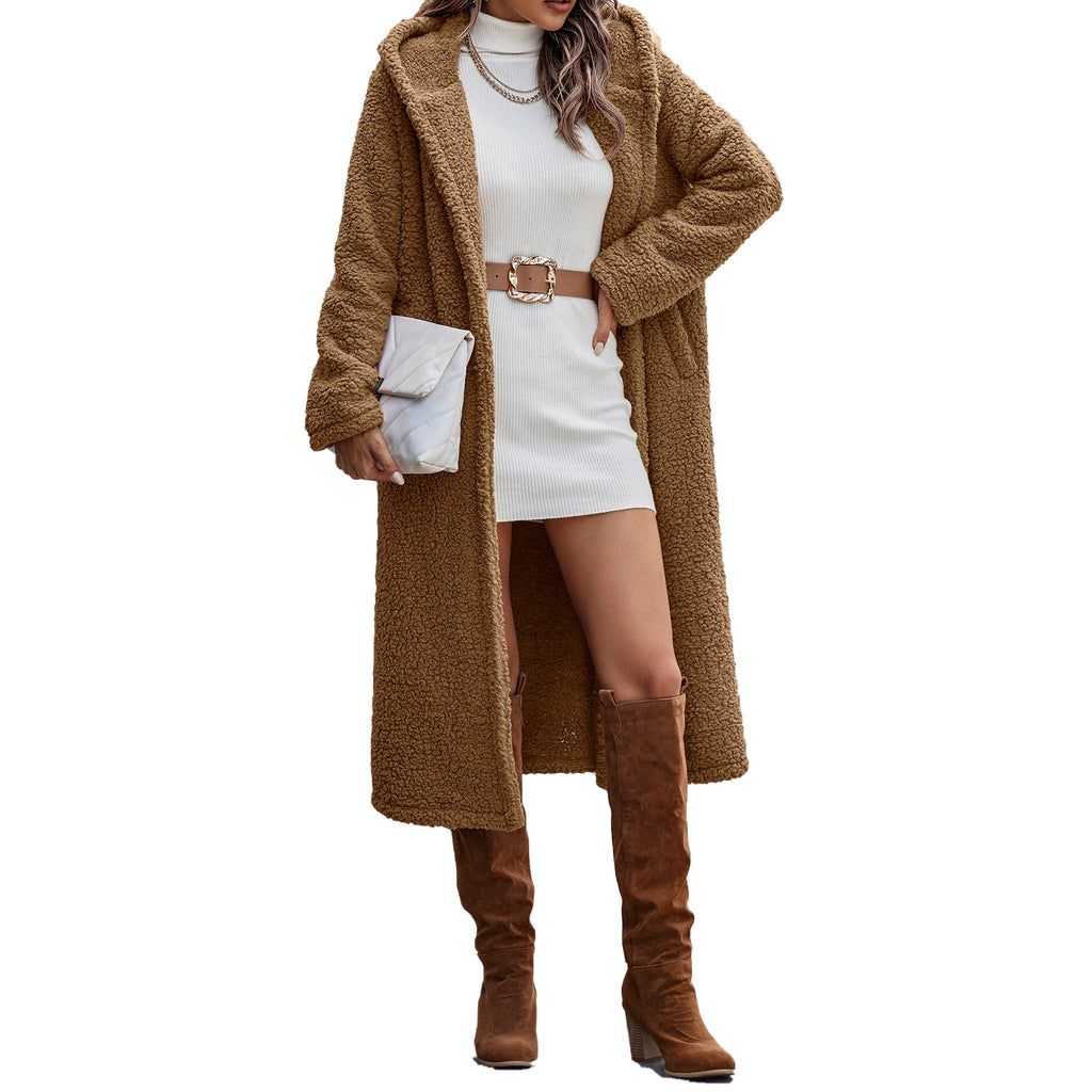 Veste à capuche en peluche marron à manches longues pour femme - Tailles S à 2XL