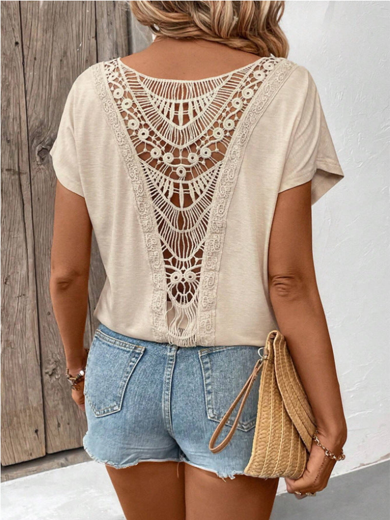 Lace Patchwork Short Sleeve T-Shirt for Women