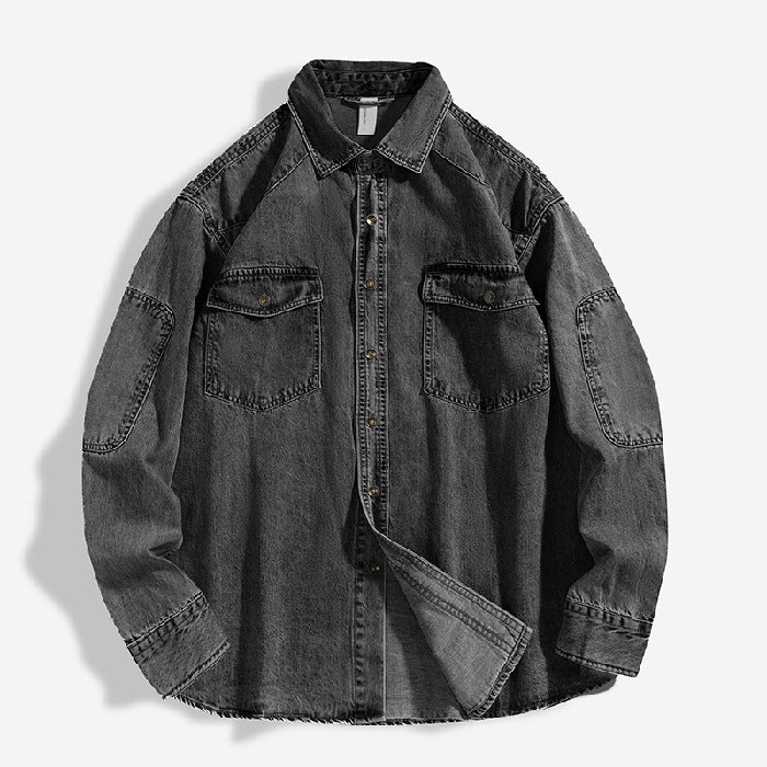 Cardigan Homme Lourd Délavé Ample Chemise Manteau en Coton Mélangé