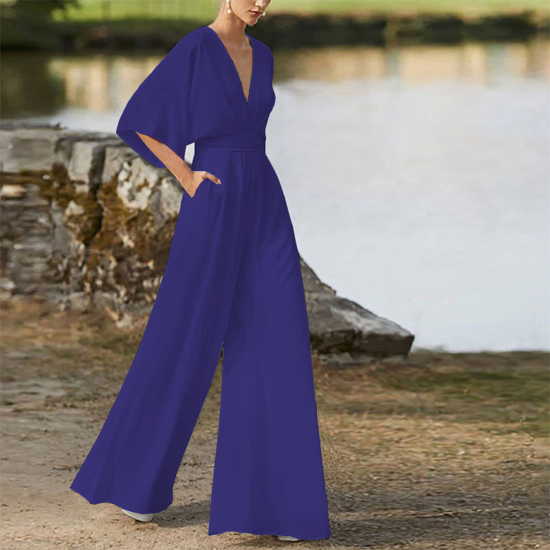 Women's Deep V High Waist Wide Leg Jumpsuit