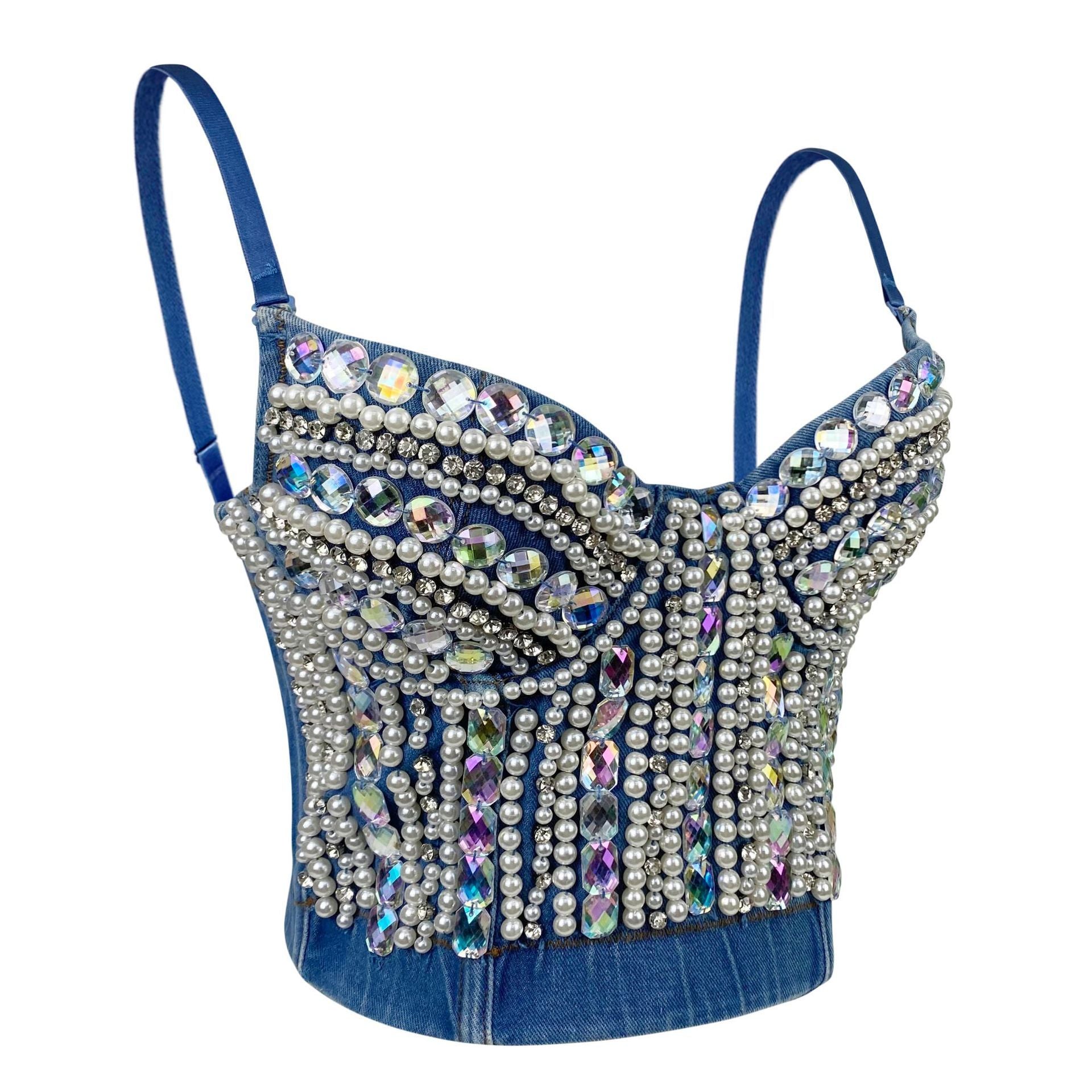 Heavy Industry Beads Diamond Shaping Breathable Fashion Denim Bra Vest