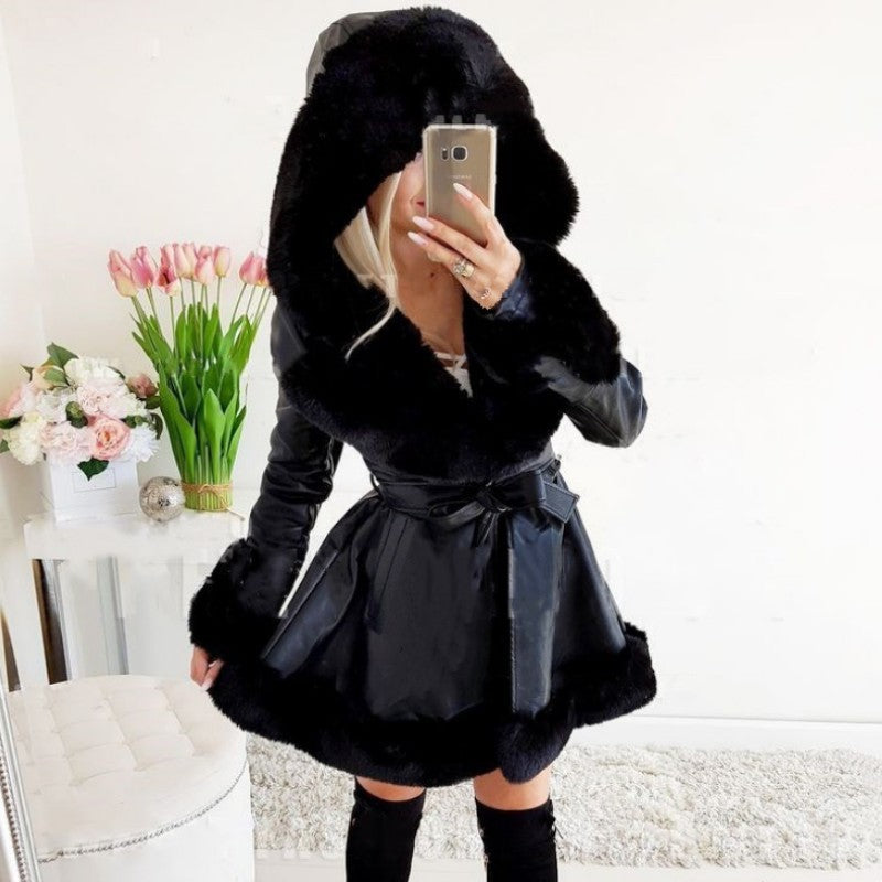Women's Thermal Hooded Lapel Fur Splicing Coat in Polyester, Sizes S-XXXL