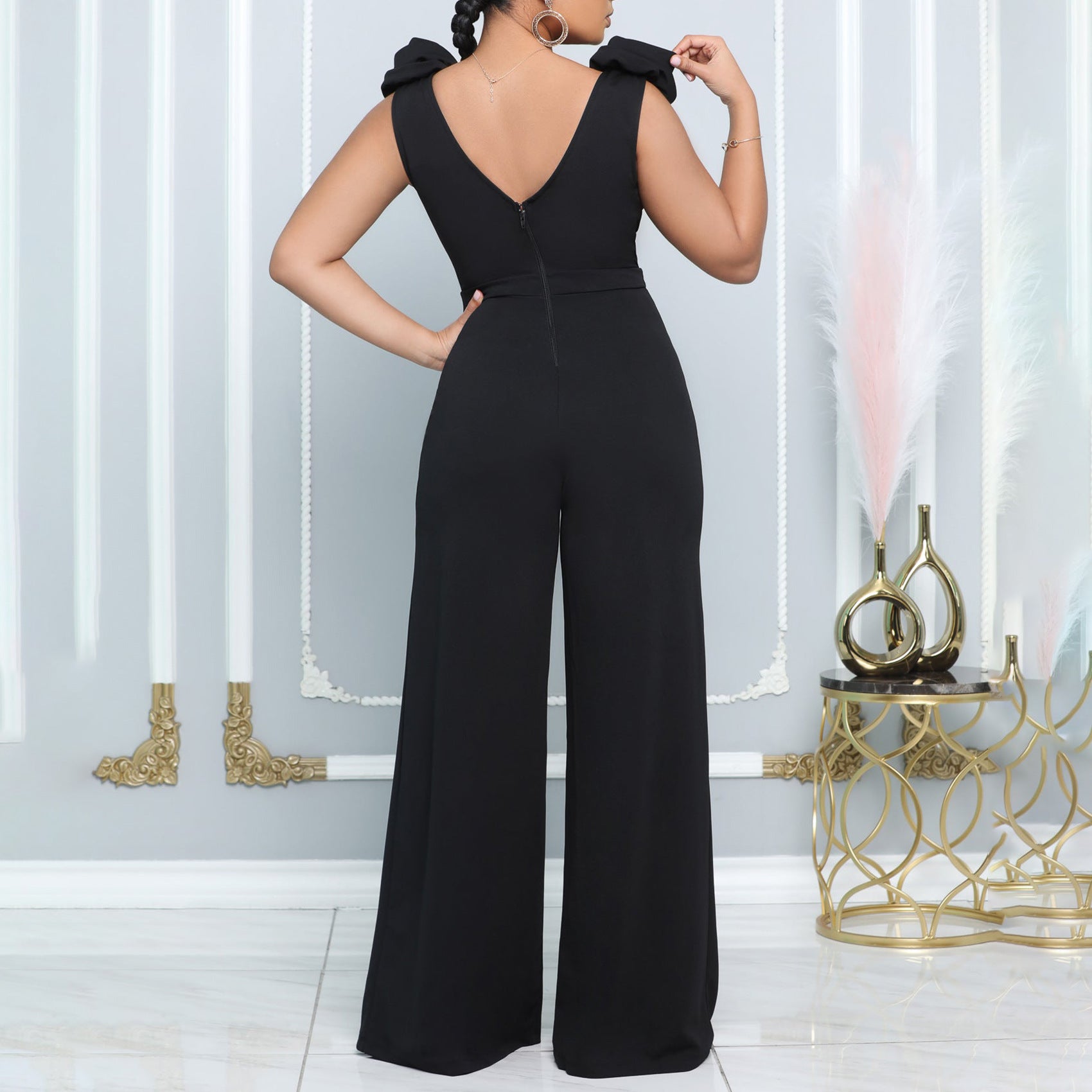 V-Neck Sleeveless Solid Color Turtleneck Jumpsuit with Belt