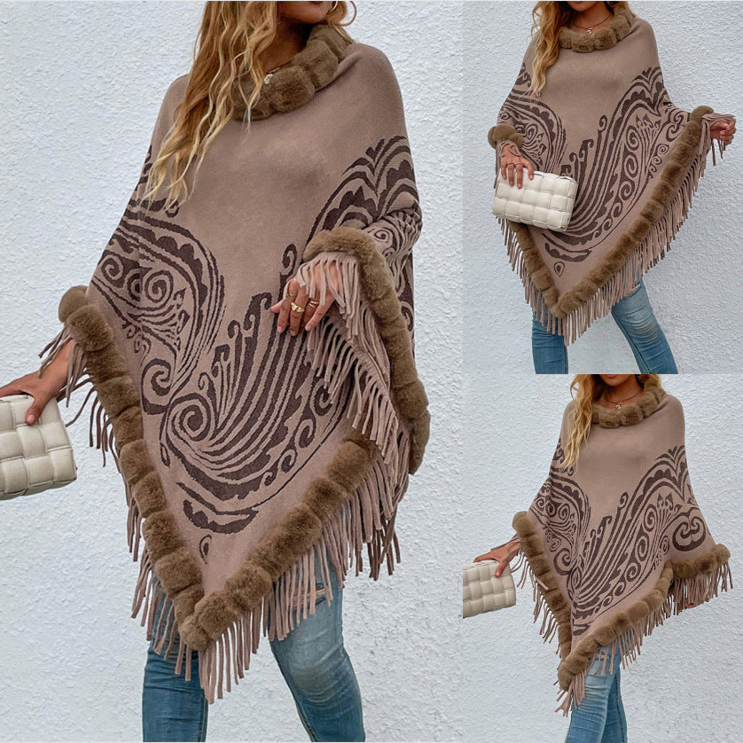 Khaki Wool Collar Tassel Shawl Pullover Sweater Cloak