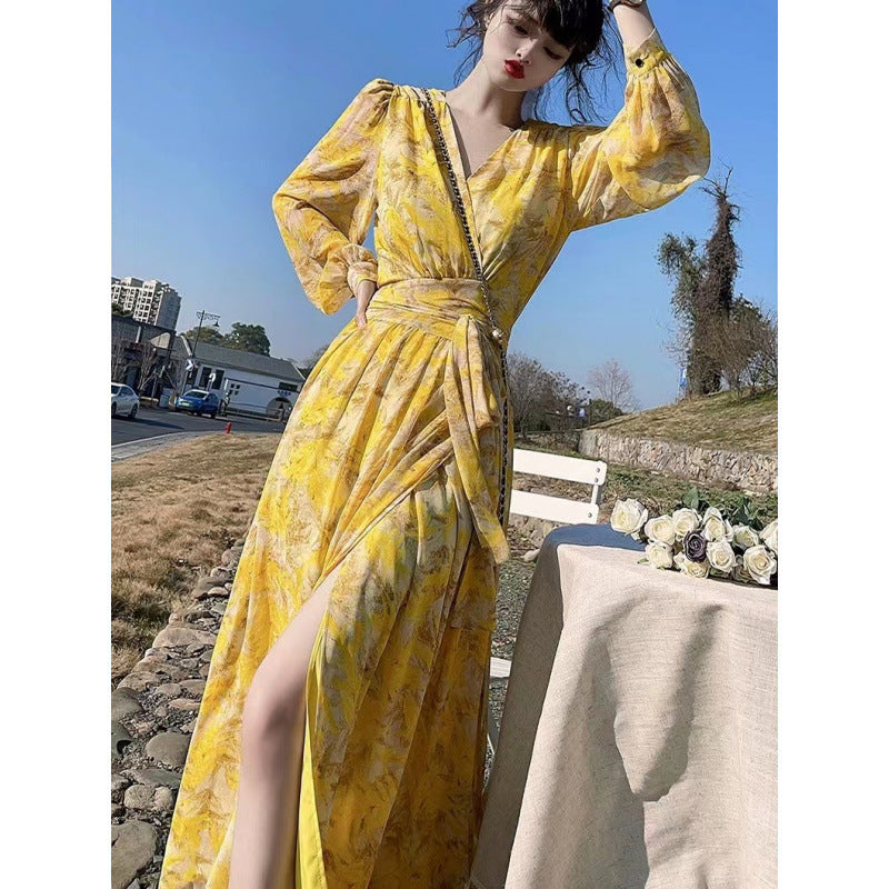 Yellow Floral V-Neck Slimming Chiffon Dress for Women