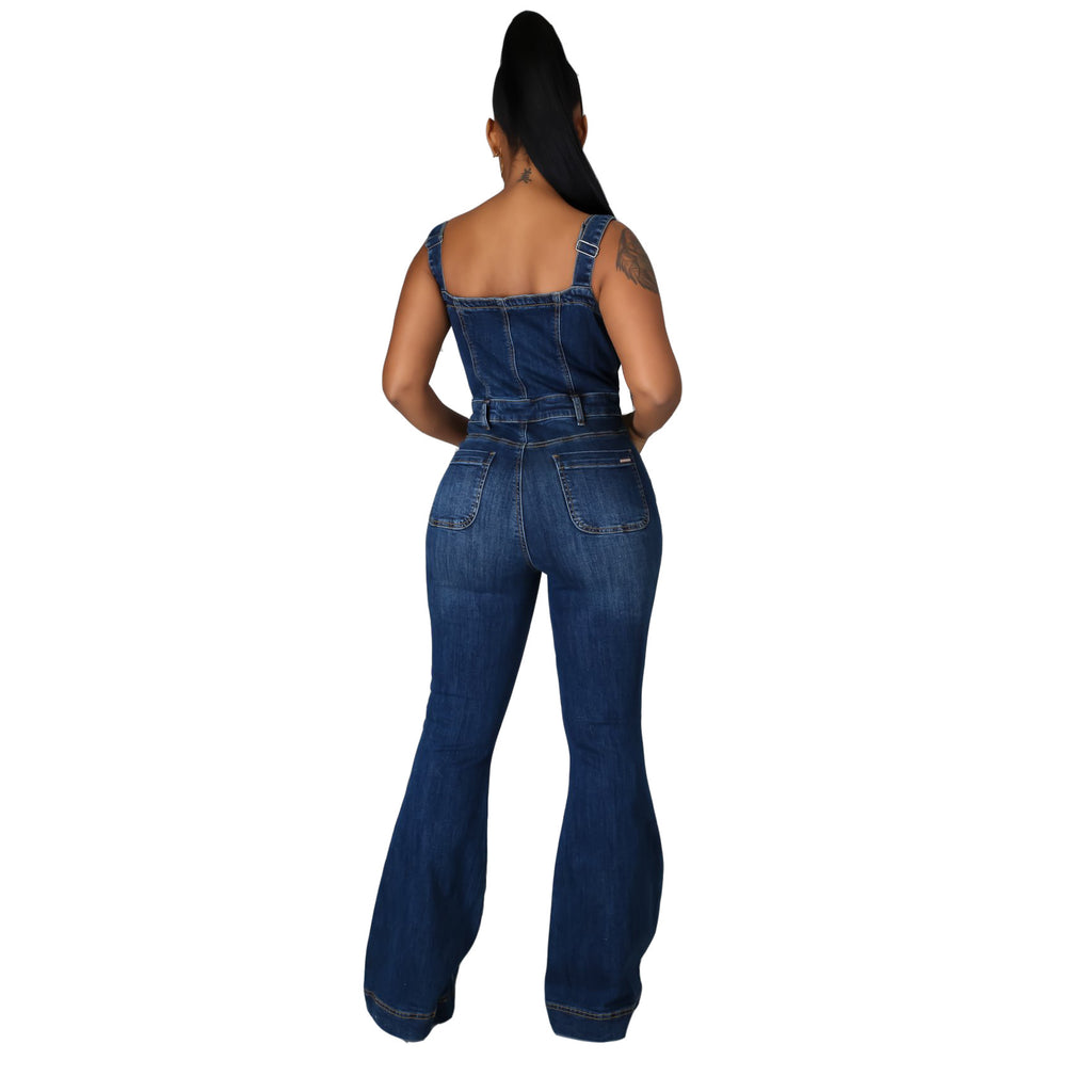 Women's Dark Blue Denim Casual Jumpsuit Mid Waist Wide Leg