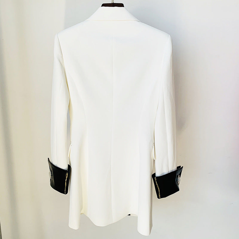 Contrast Leather Collar Diamond Stitching Jacket