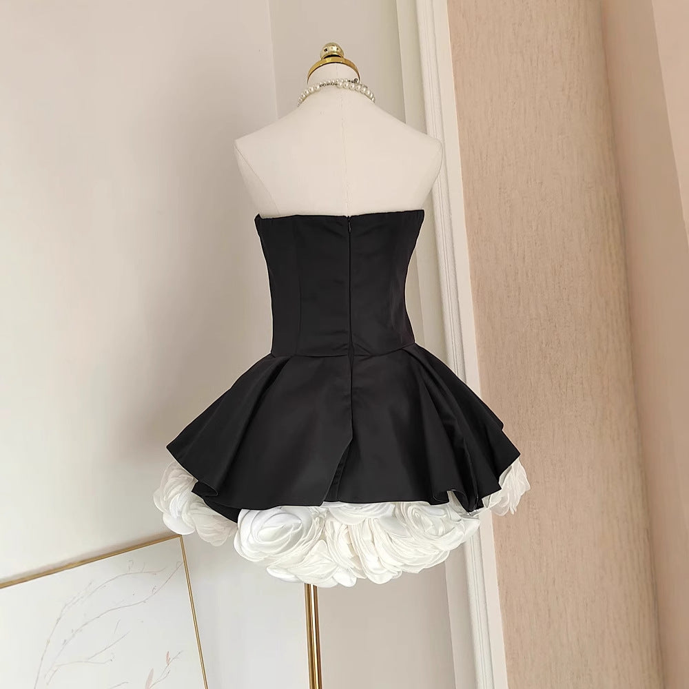 French Hepburn Style Black & White Contrast 3D Flower High Waist Slim Fit Pettiskirt