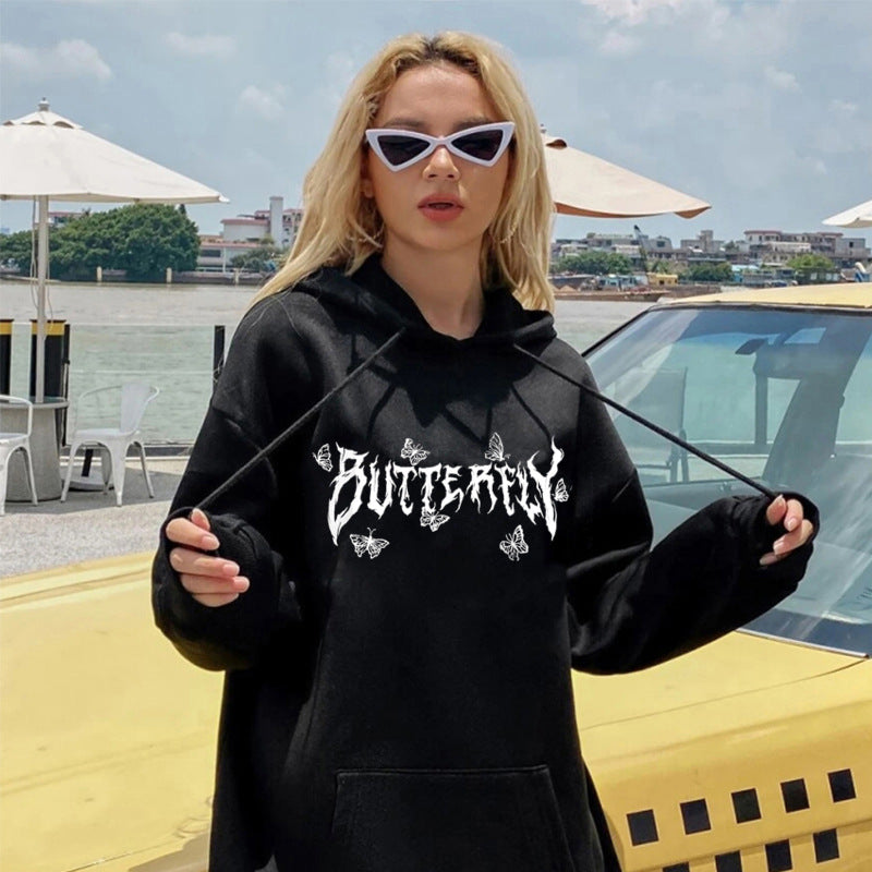 Sweat-shirt ample unisexe papillon lettre gothique en mélange de polyester et coton