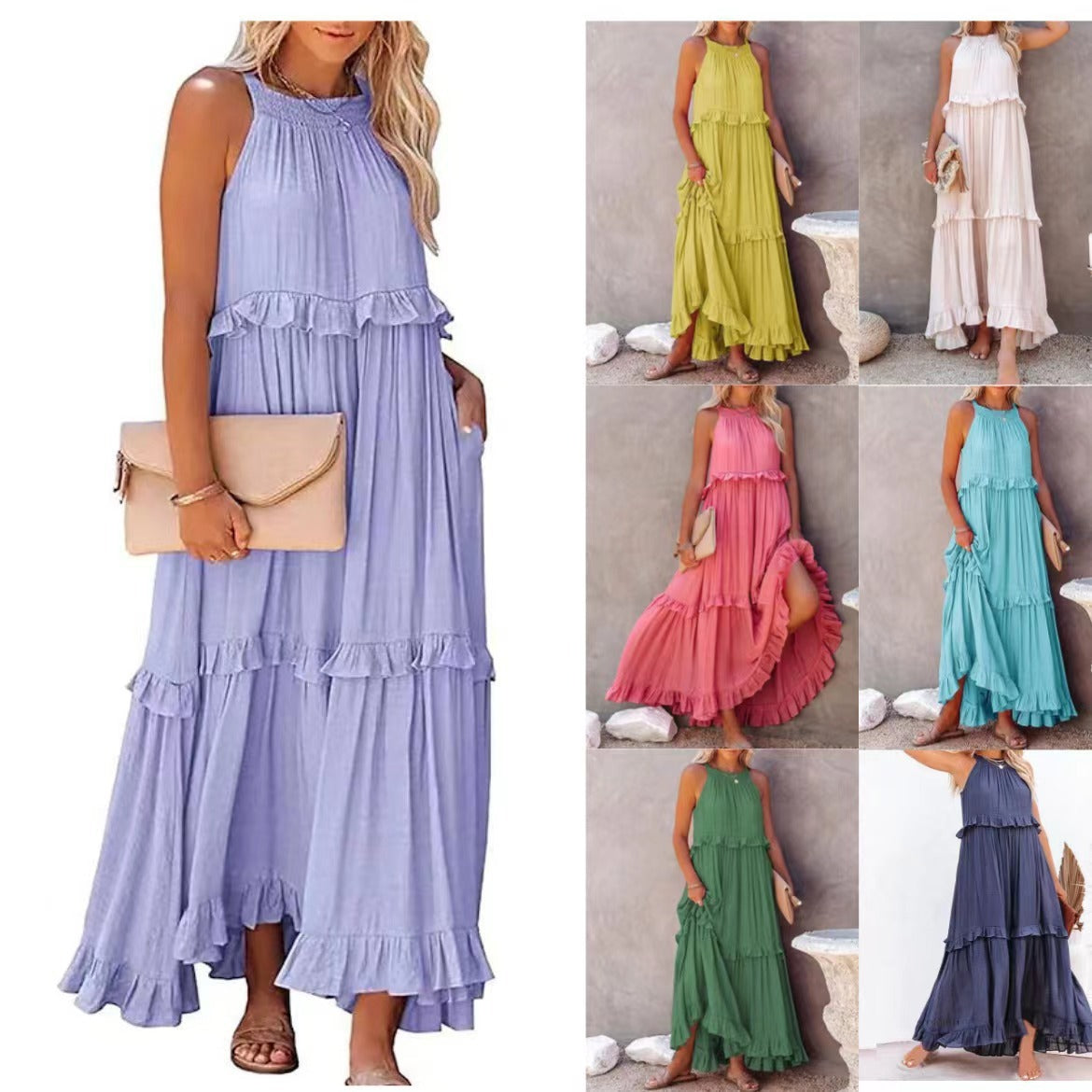 Summer Vacation Style Halter Neck Long Dresses Women Fashion Backless Leace-up Loose Ruffles Beach Dress Elegant Ladies Vestidos