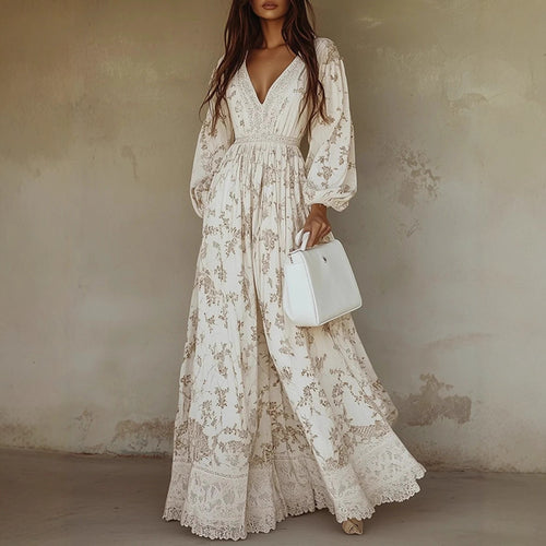 Western-Style White Lace-Trimmed Printed Long-Sleeve Dress for Autumn Winter