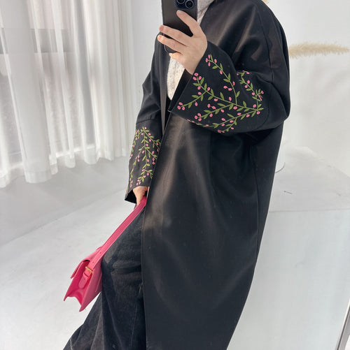 Elegant Flower Embroidered Cardigan Robe for Middle East Saudi Turkey Dubai