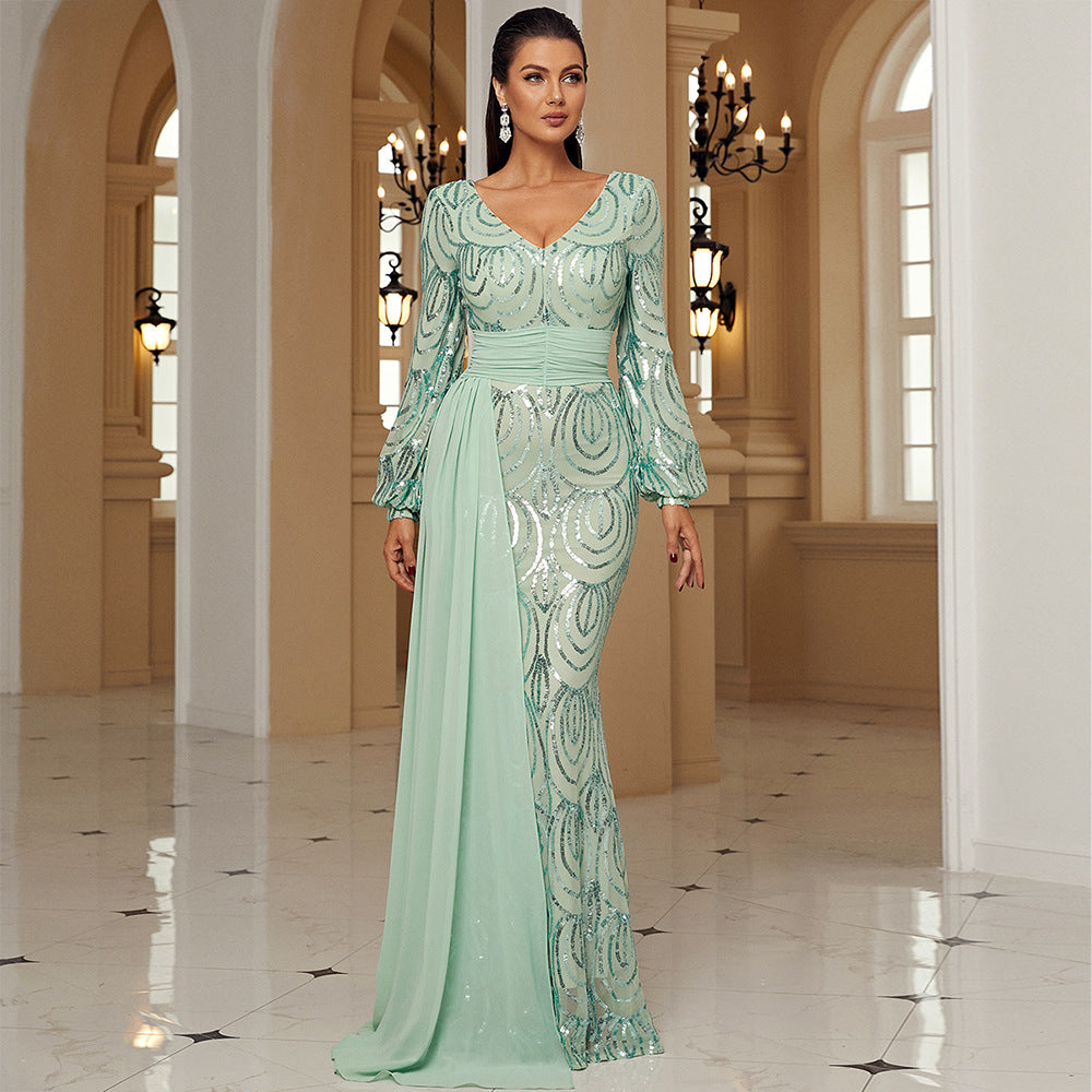 Robe de soirée élégante à col en V et sequins, manches longues, pour événements à Dubaï