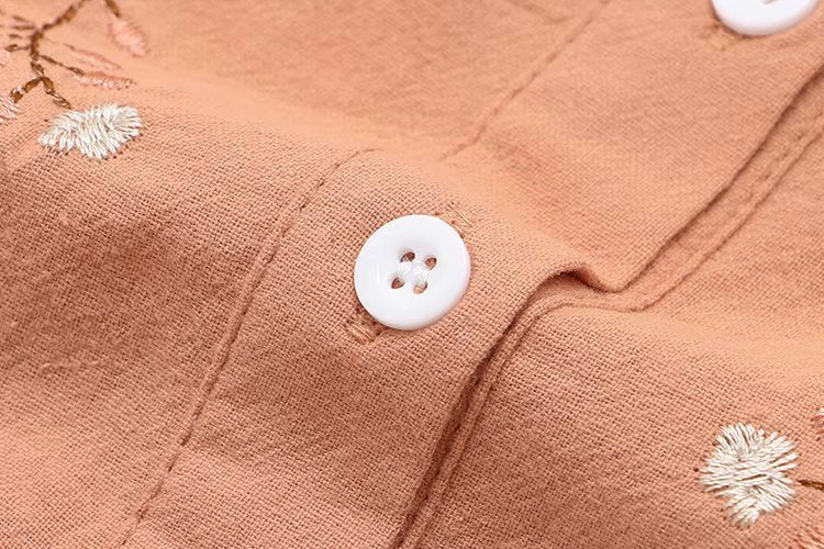 Women's Loose Long-Sleeve Cotton Embroidered Stand-Collar Shirt