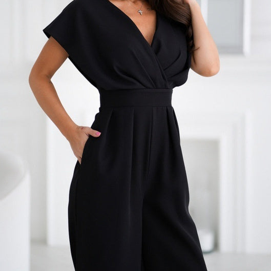 V-Neck Solid Color Waist-Tight Jumpsuit