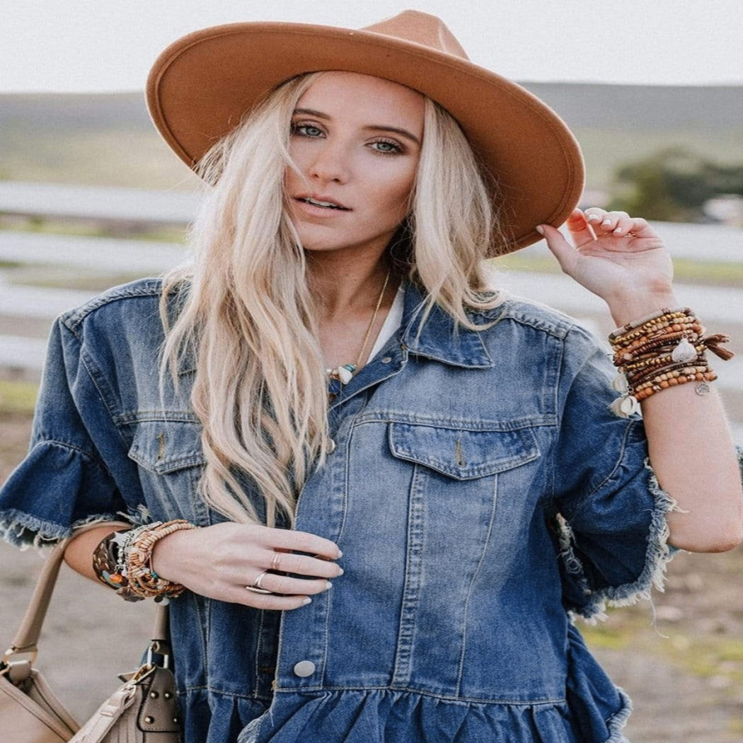 Women’s Loose Denim Jacket with Ruffled Short Sleeves