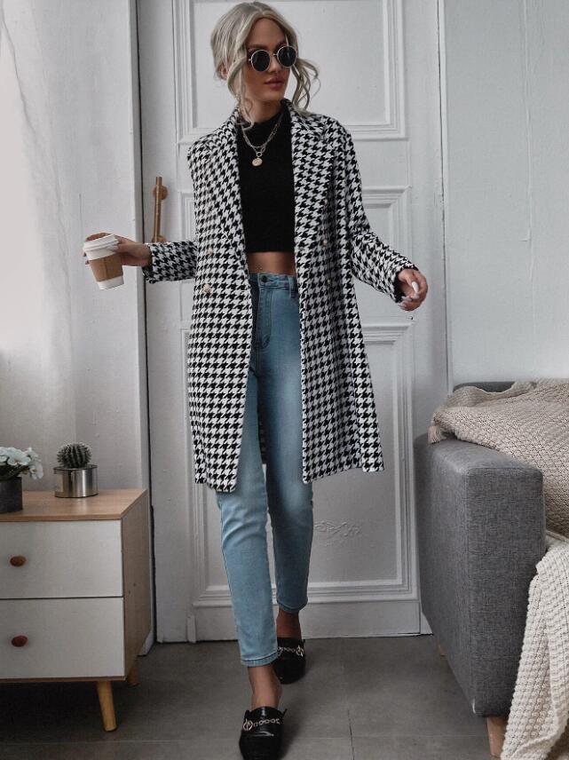 Winter Mid-Length Houndstooth Double-Breasted Casual Coat