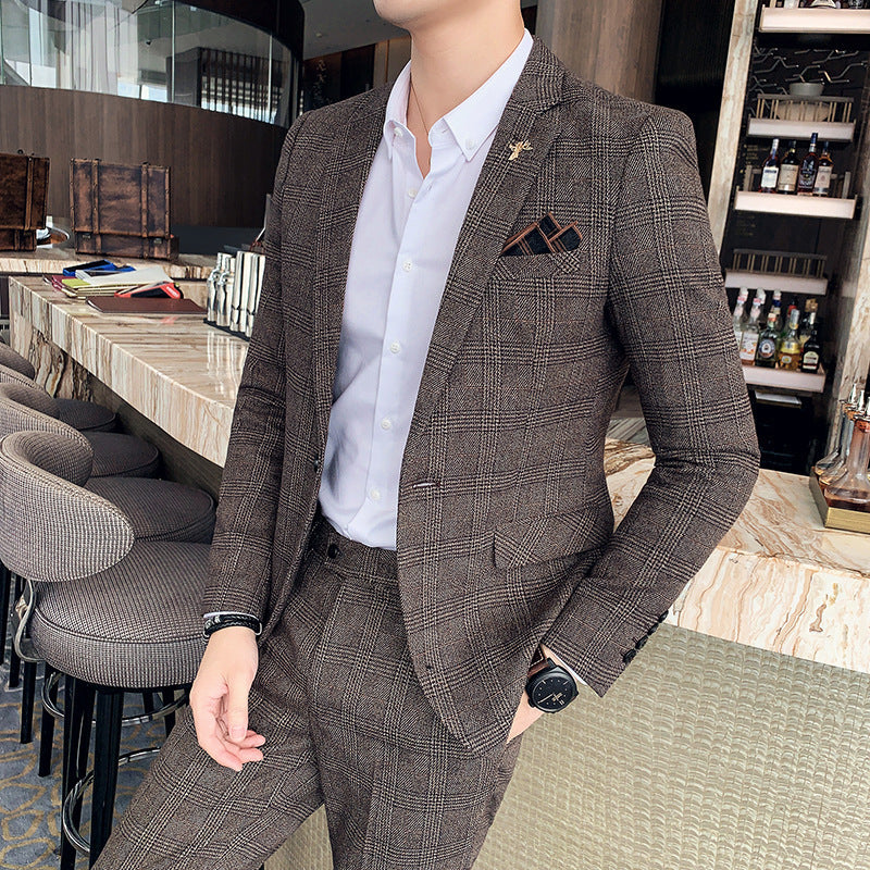 Men's Slim Fit Casual Plaid Two-Piece Suit