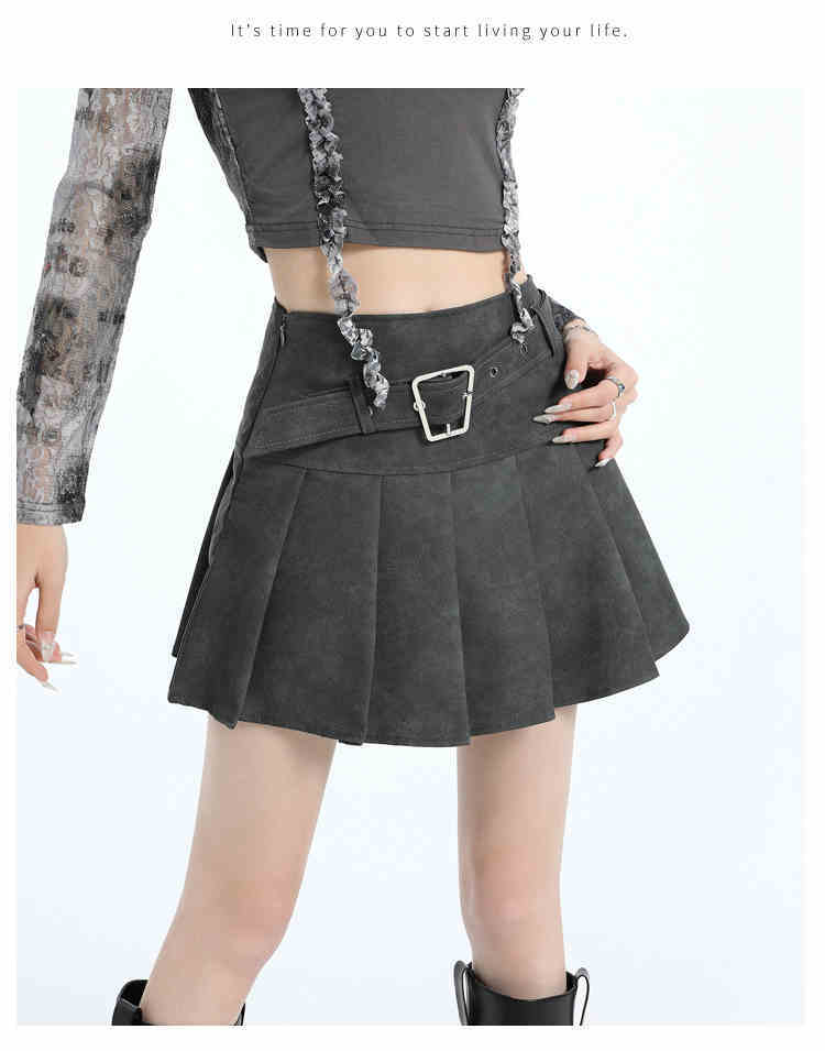 High Waist PU Leather Pleated A-Line Skirt