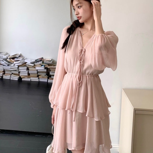 Women's Pink V-Neck Lace-Up Chiffon Lantern Sleeve Dress