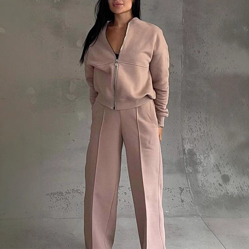 Women's Two-Piece Sports Suit Zipper Jacket & Wide Leg Pants