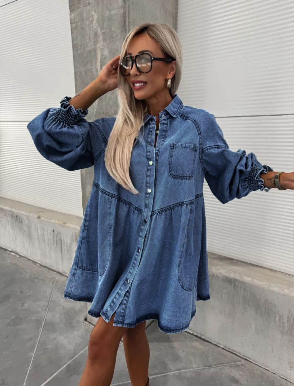 Robe boutonnée en jean à manches longues pour femmes, idéale pour le printemps et l'été