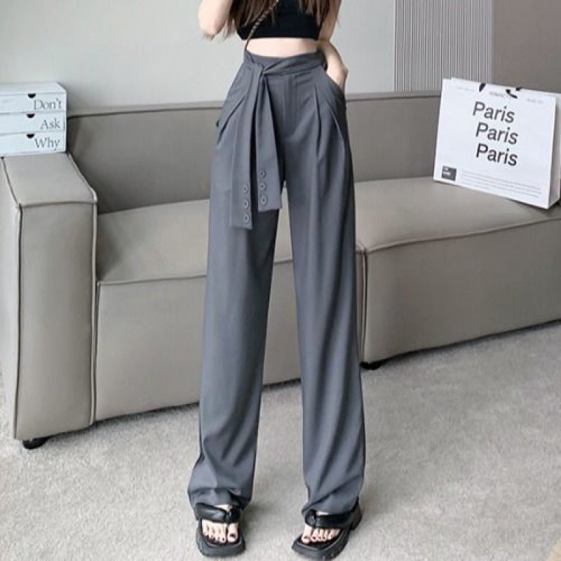Gray Cotton Wide Leg Suit Pants for Women Lace-Up Drape