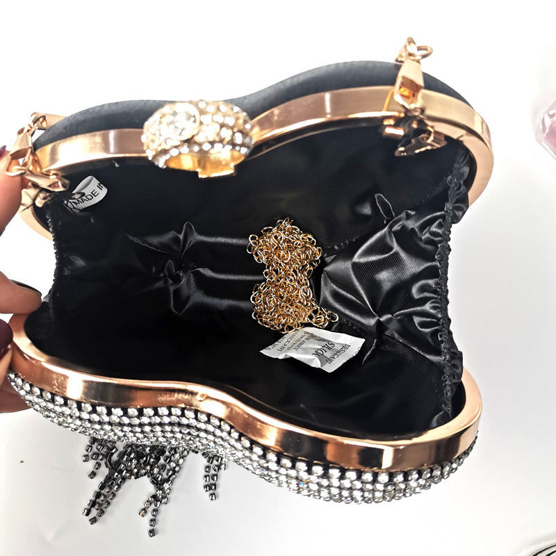 Women's Heart-Shaped Tassel Diamond Dinner Handbag 17x20x9cm Black Gold Silver