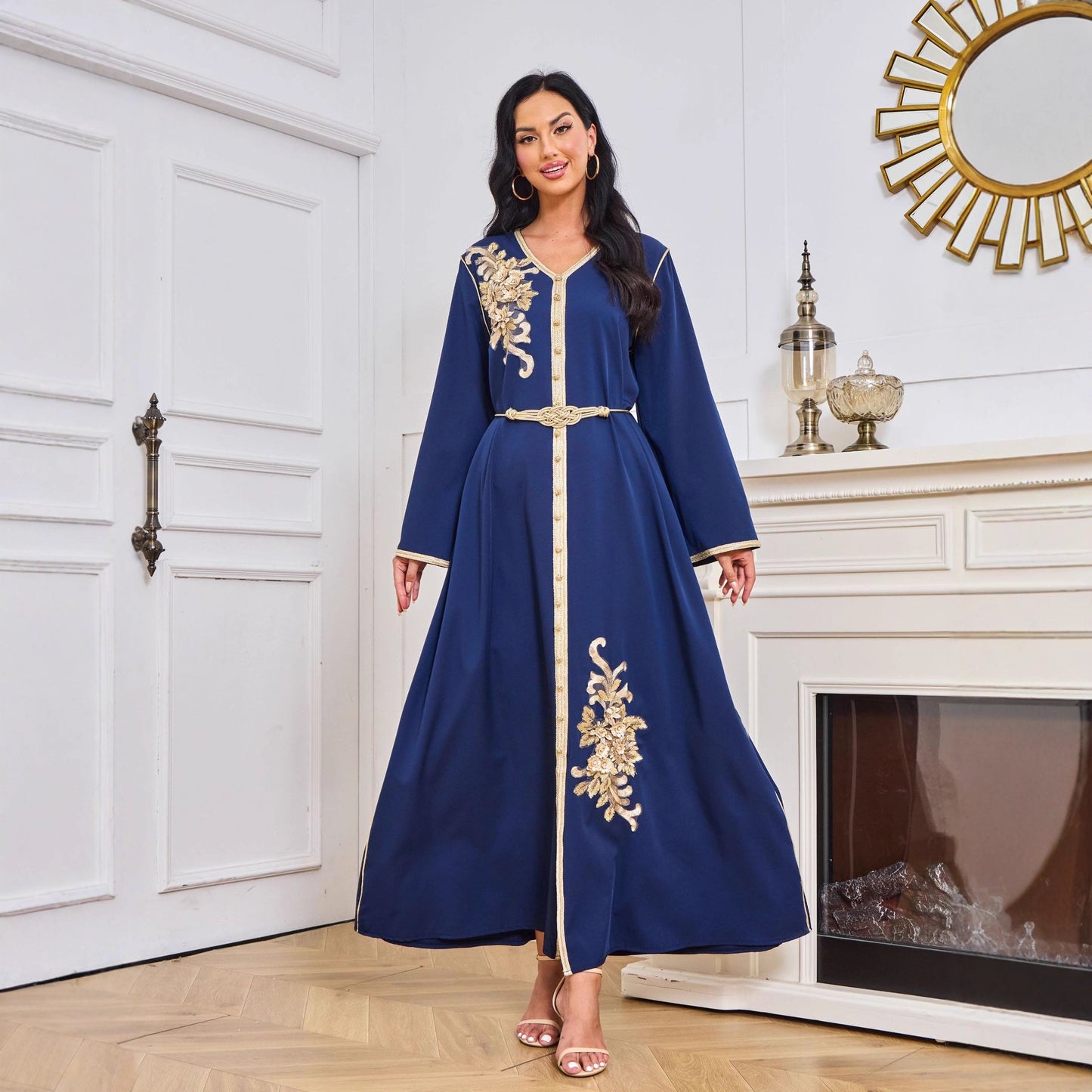 Robe abaya arabe ornée de motifs imprimés à la pierre chaude et de broderies