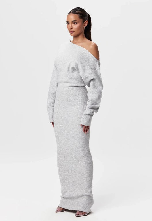 Robe de soirée moulante en maille tricotée à manches longues et col bardot