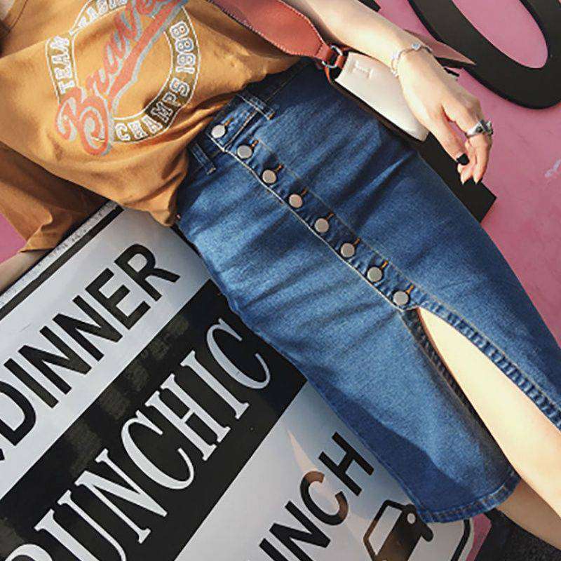 High Waist Light Blue Denim One-Button Hip Skirt