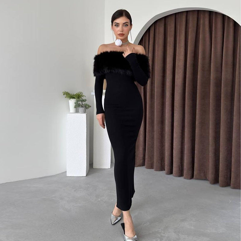Off-Shoulder Black Fur Collar Slim Fit Dress for Women S-L