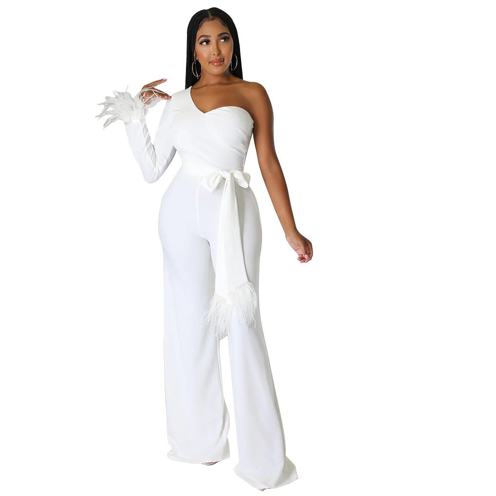 Wide-Leg Tassel Jumpsuit with One-Shoulder Design