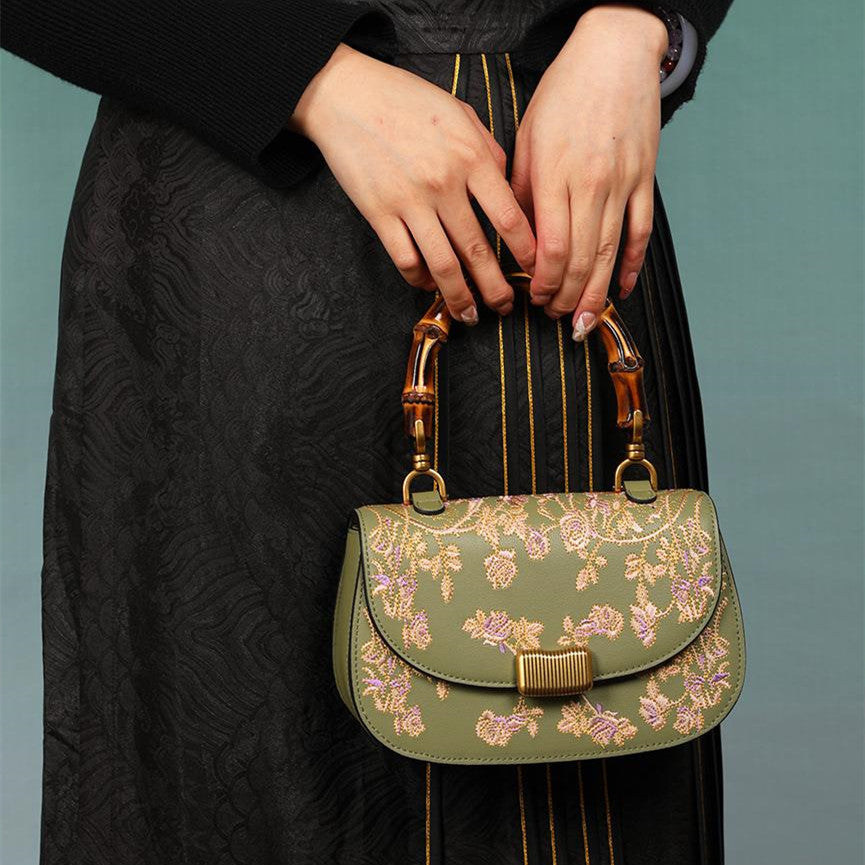 Cowhide Embroidered Bamboo Handle Ladies Handbag