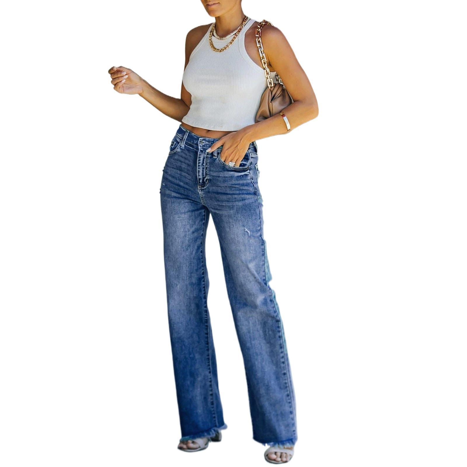 Pantalon droit hipster femme en jean délavé bleu taille mi-haute