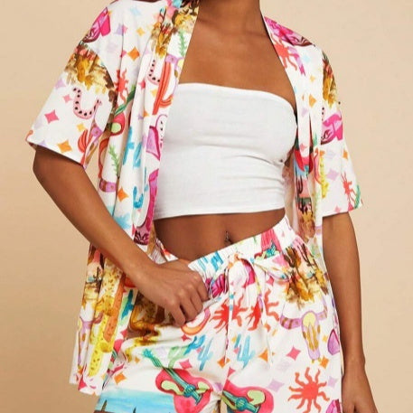 Women's Shirt And Elastic Waist Shorts Casual Suit