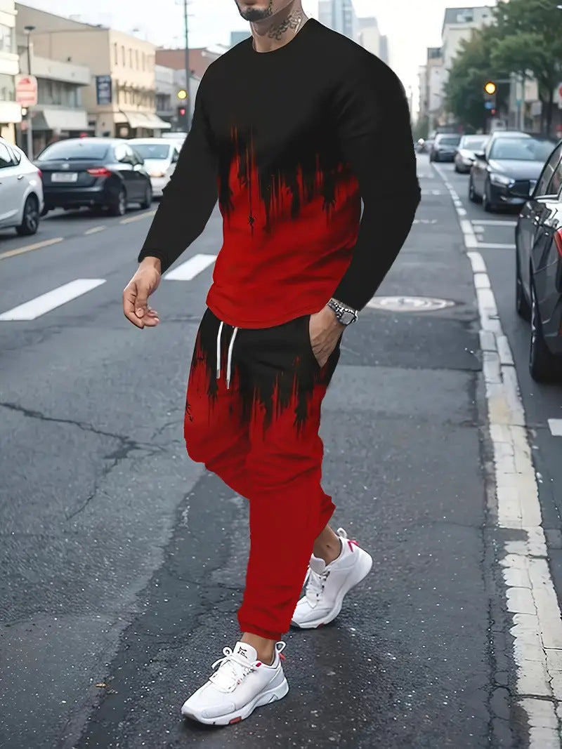 Men's 3D Digital Print Round Neck Sports Sweatshirt Suit