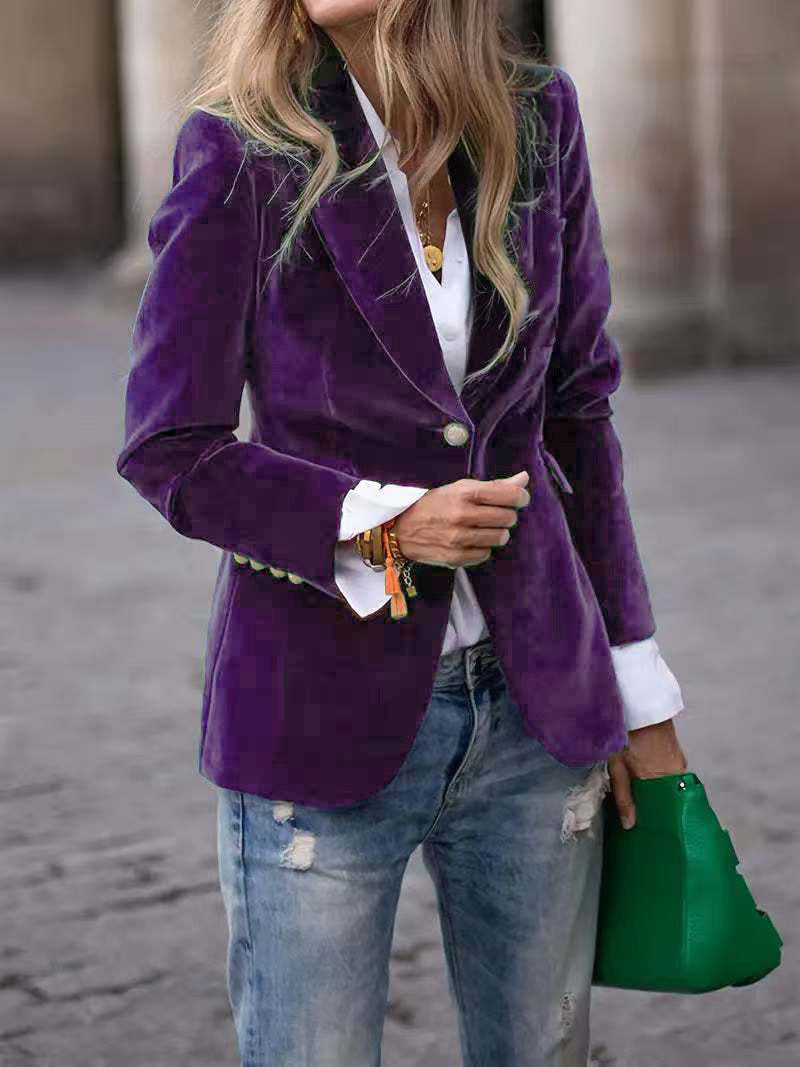 Velvet Lapel Slim Fit Single-Breasted Casual Business Jacket for Women