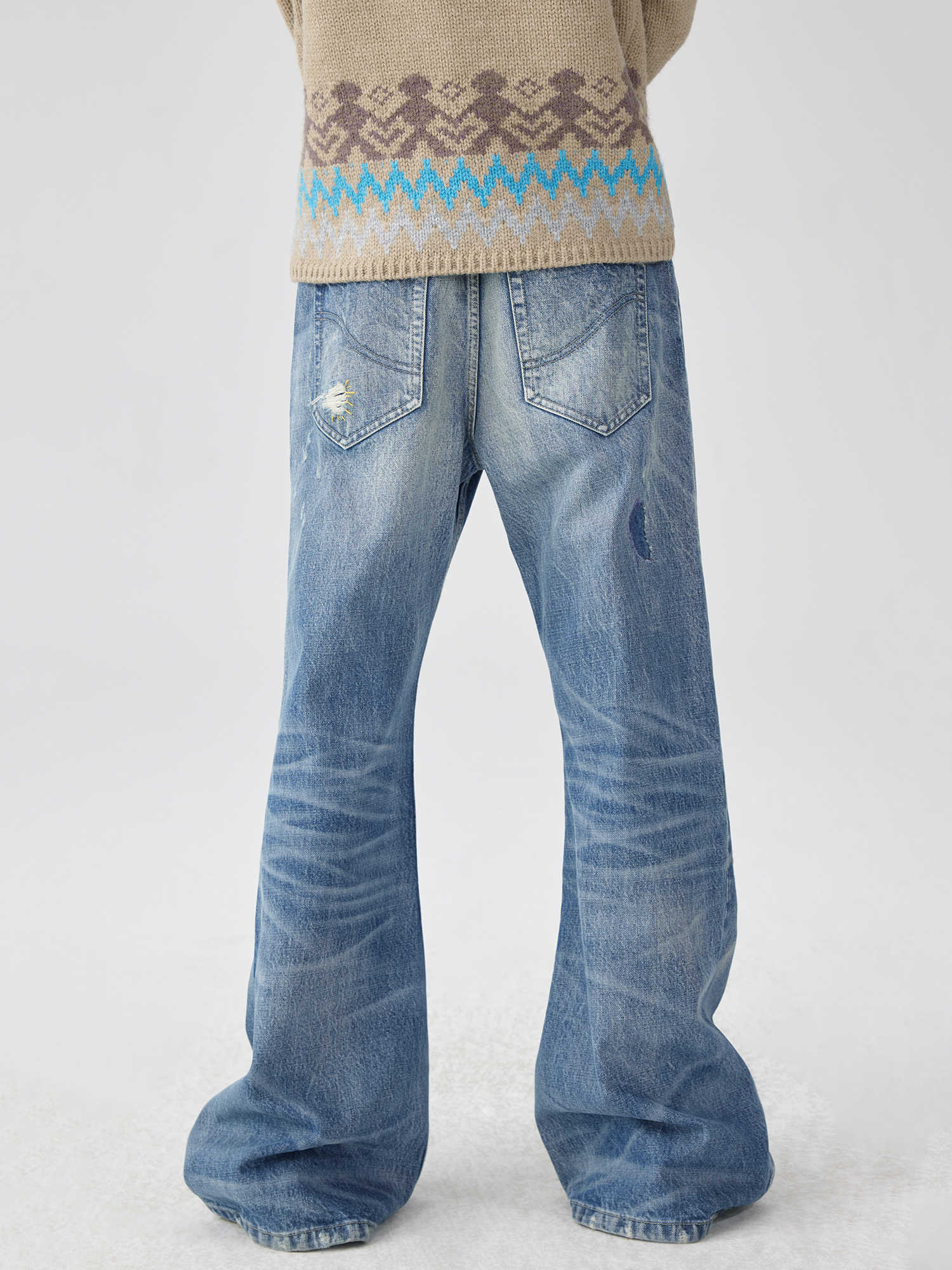Washed Blue Mid Waist Flared Denim Jeans with Patch & Wire-Track